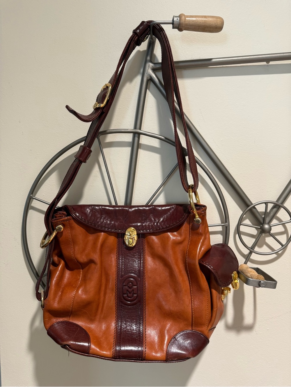 Vintage Marino Orlandi Two Tone Brown Leather Shoulder Crossbody Bag Italy